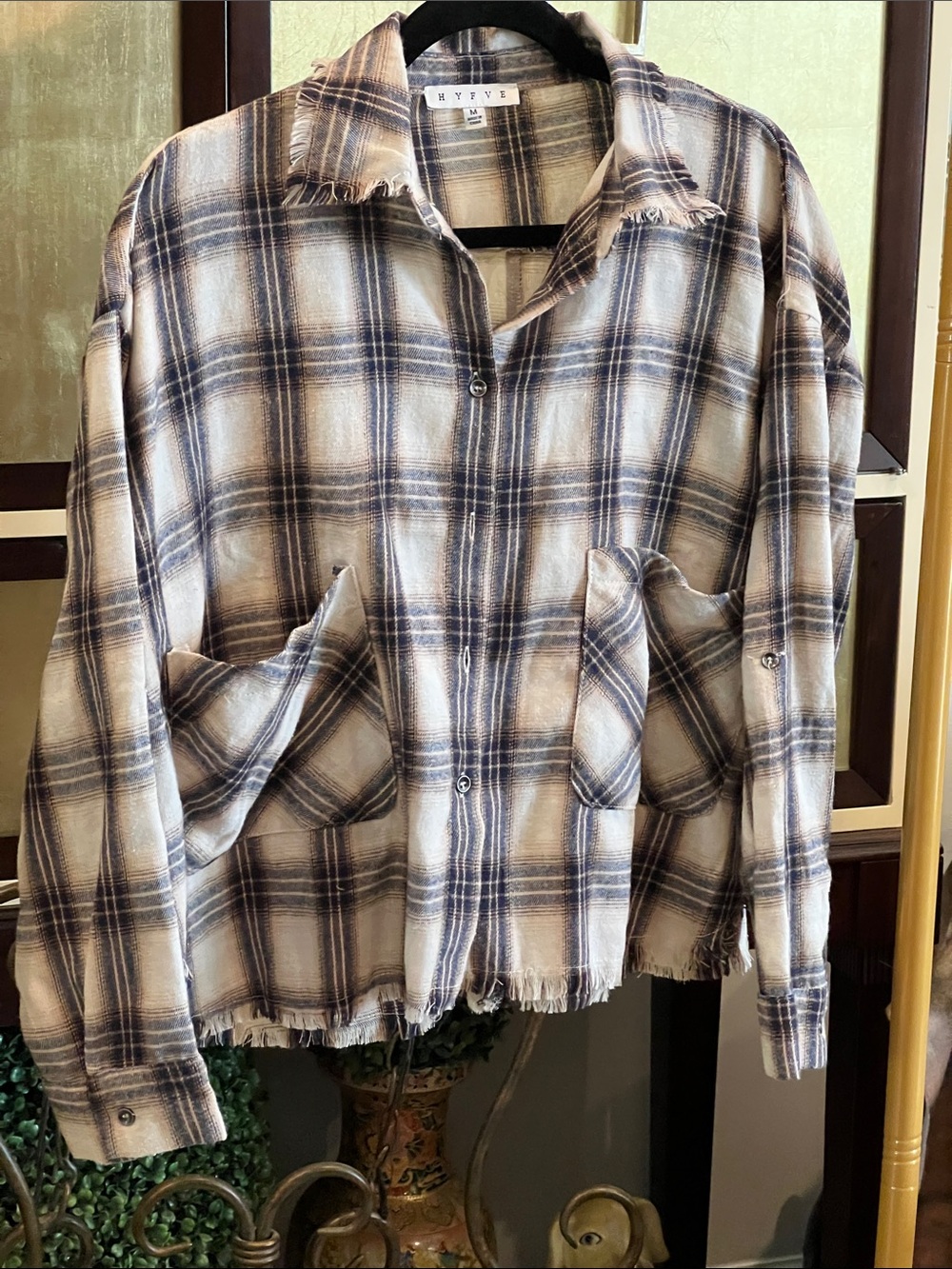 NYVE Oversized Plaid Button-Up Shirt Jacket in Cream & Navy